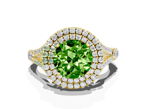 Yellow gold Round Cut Peridot Double Halo Ring with Split Shank and Prong Setting_20
