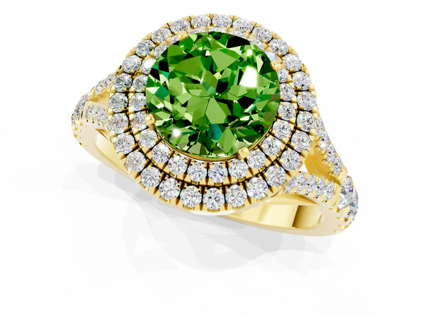 Yellow gold Round Cut Peridot Double Halo Ring with Split Shank and Prong Setting