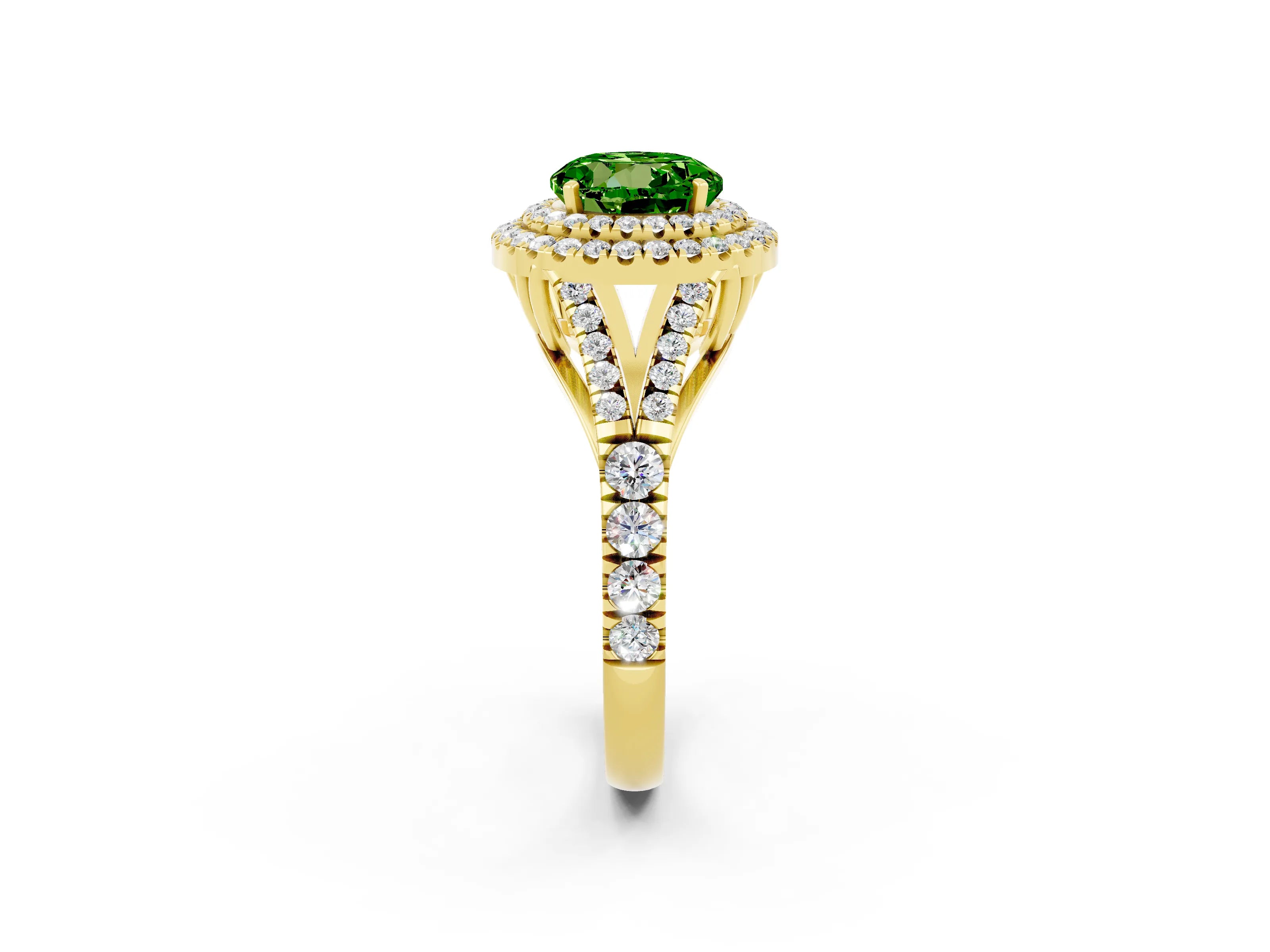 Yellow gold Round Cut Peridot Double Halo Ring with Split Shank and Prong Setting_22