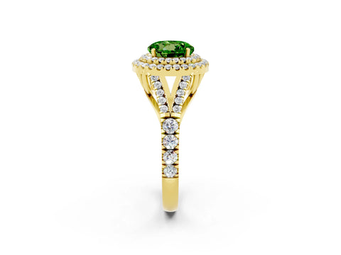Yellow gold Round Cut Peridot Double Halo Ring with Split Shank and Prong Setting_22