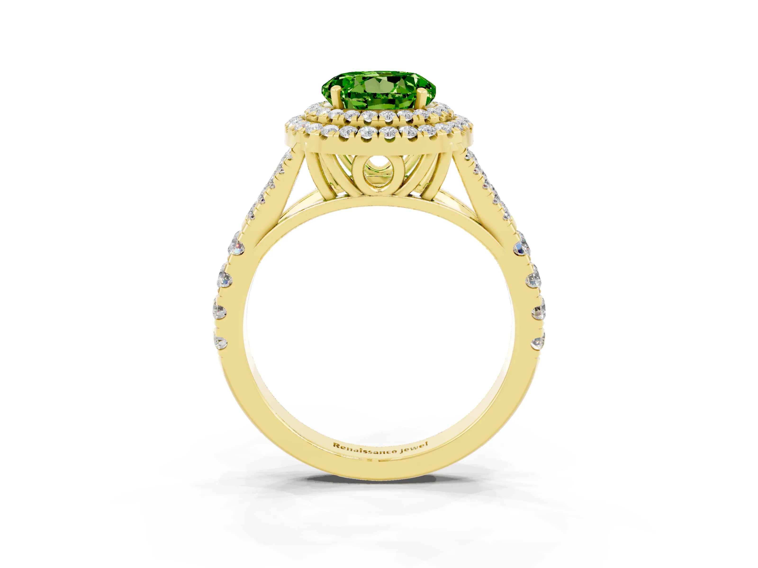 Yellow gold Round Cut Peridot Double Halo Ring with Split Shank and Prong Setting_23