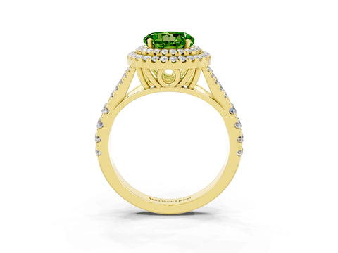 Yellow gold Round Cut Peridot Double Halo Ring with Split Shank and Prong Setting_23