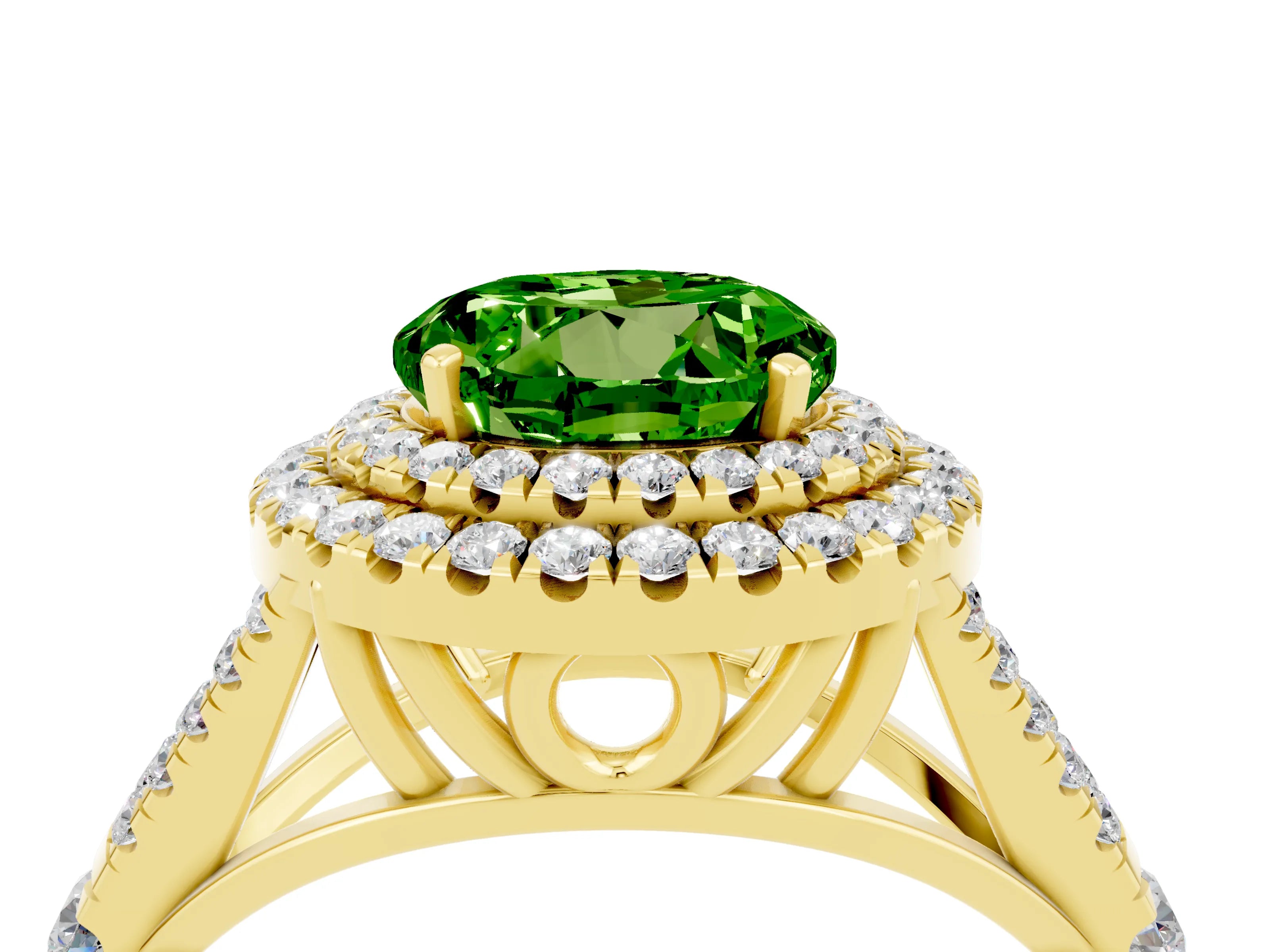 Yellow gold Round Cut Peridot Double Halo Ring with Split Shank and Prong Setting_24