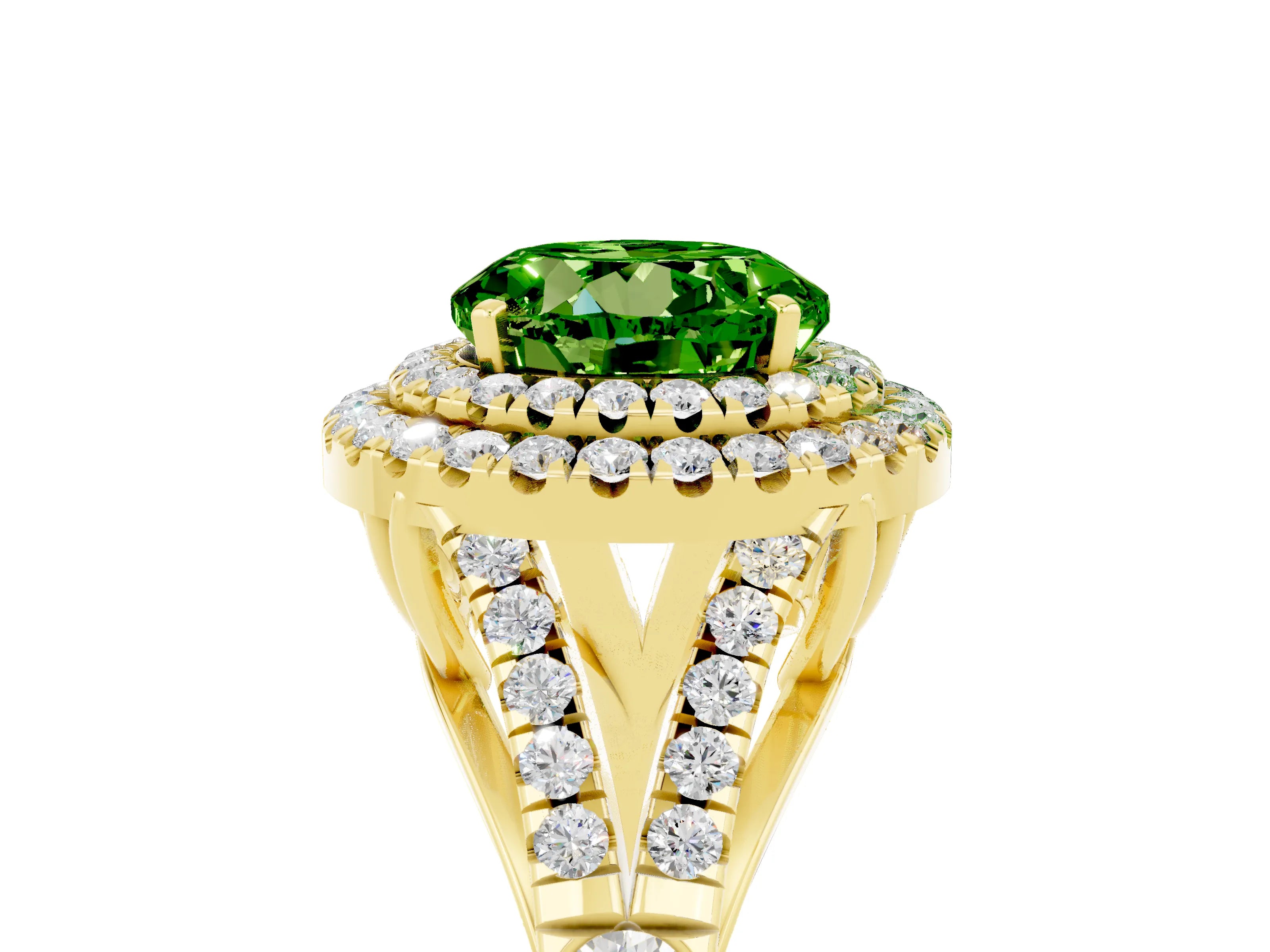 Yellow gold Round Cut Peridot Double Halo Ring with Split Shank and Prong Setting_25