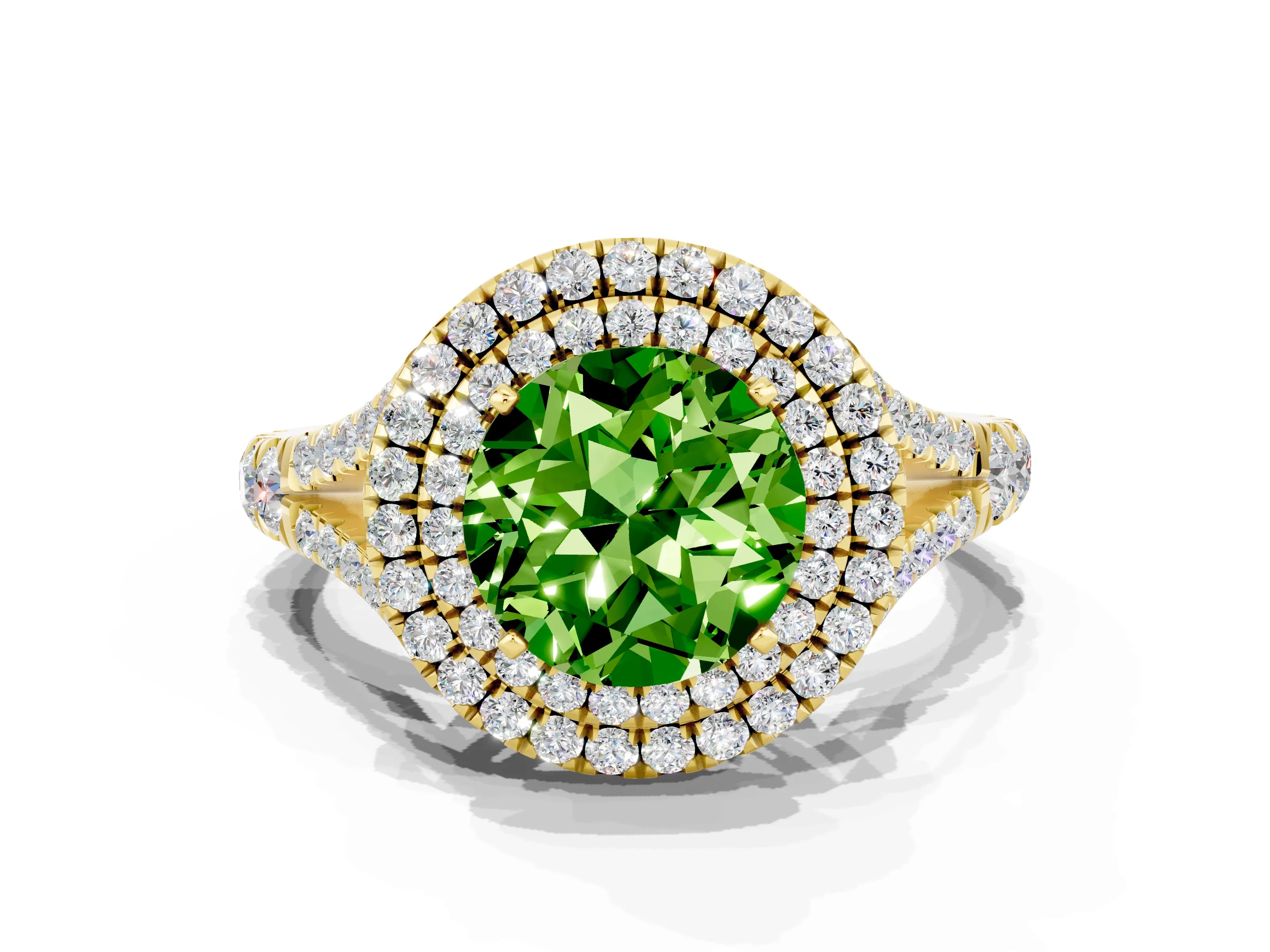 Yellow gold Round Cut Peridot Double Halo Ring with Split Shank and Prong Setting_32
