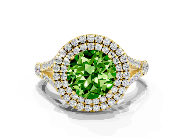 Yellow gold Round Cut Peridot Double Halo Ring with Split Shank and Prong Setting