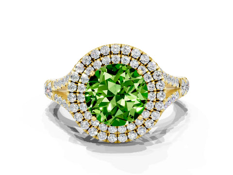 Yellow gold Round Cut Peridot Double Halo Ring with Split Shank and Prong Setting_32