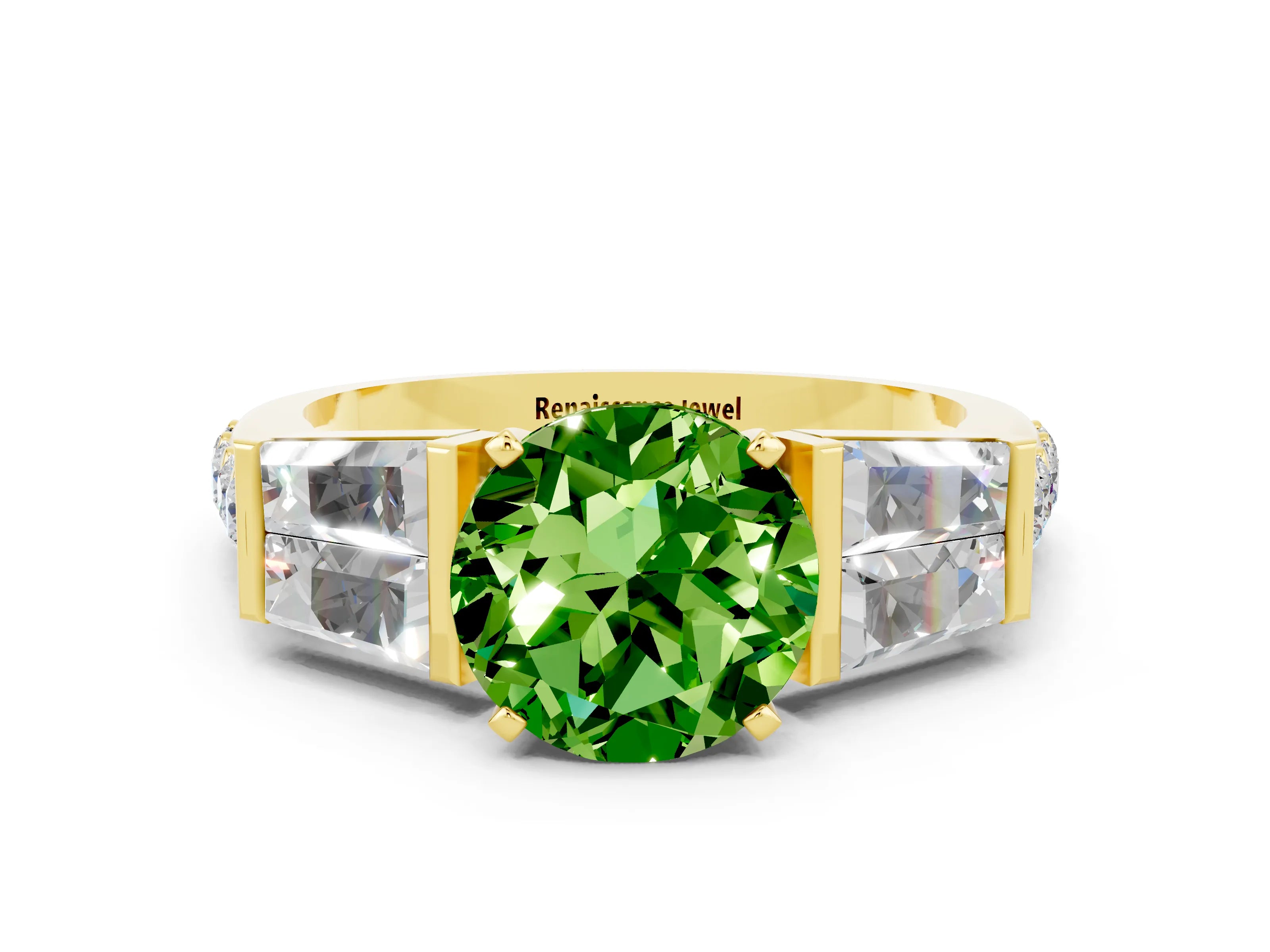 Yellow gold Round Cut Peridot Engagement Ring with Baguette Side Stones and Channel Set Band