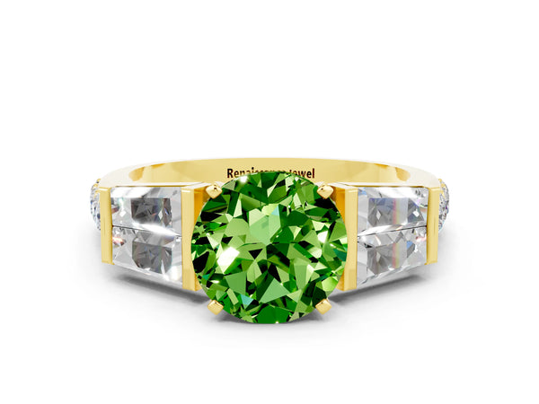 Yellow gold Round Cut Peridot Engagement Ring with Baguette Side Stones and Channel Set Band