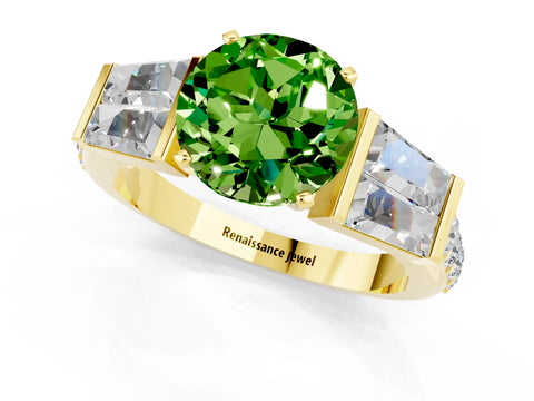 Yellow gold Round Cut Peridot Engagement Ring with Baguette Side Stones and Channel Set Band_1