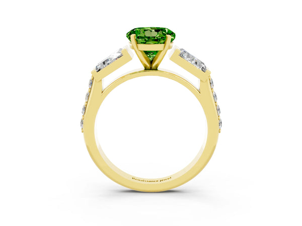 Yellow gold Round Cut Peridot Engagement Ring with Baguette Side Stones and Channel Set Band
