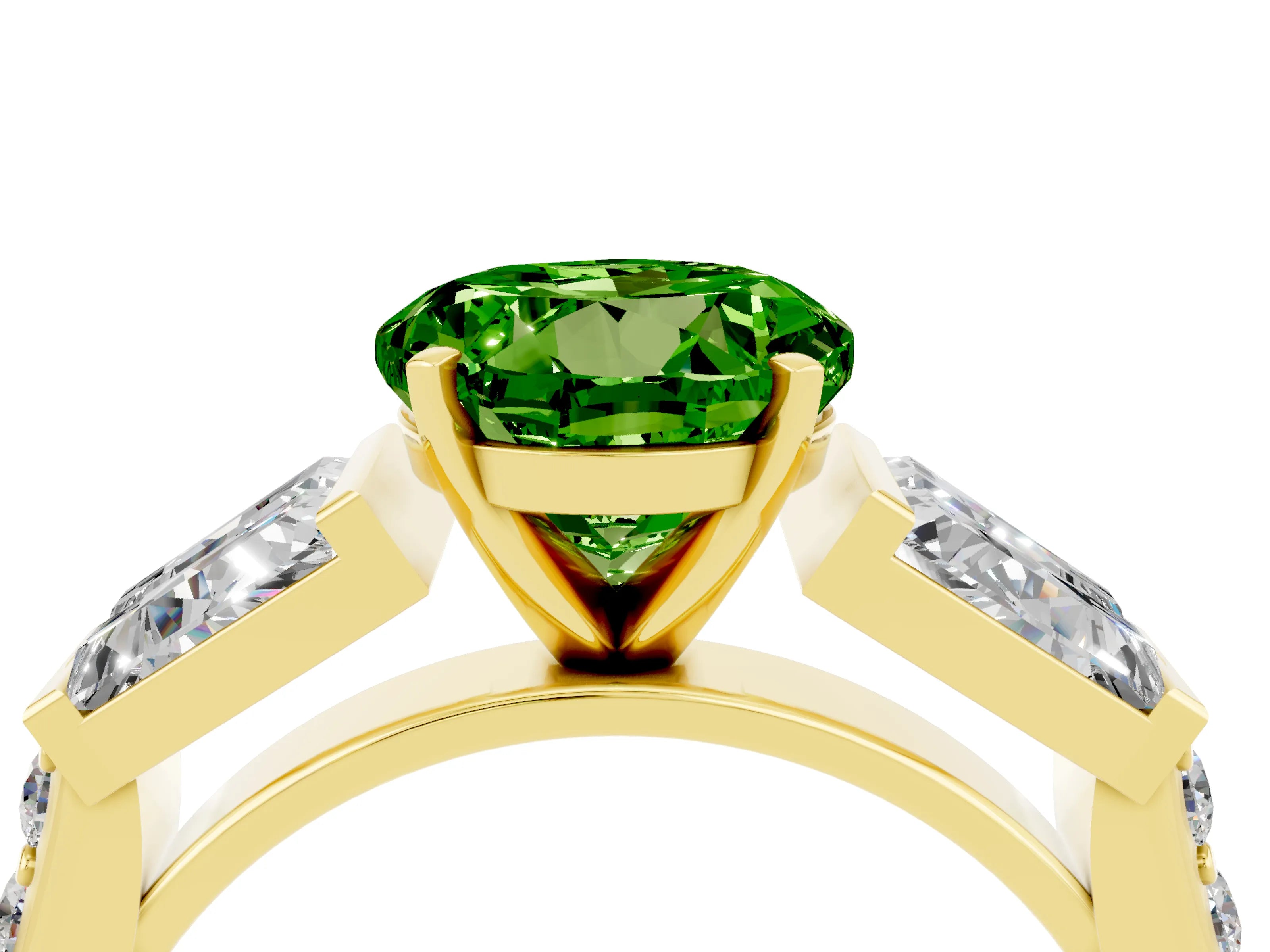 Yellow gold Round Cut Peridot Engagement Ring with Baguette Side Stones and Channel Set Band_4