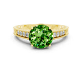 Yellow gold Round Cut Peridot Engagement Ring with Milgrain Channel Set Band and Prong Setting