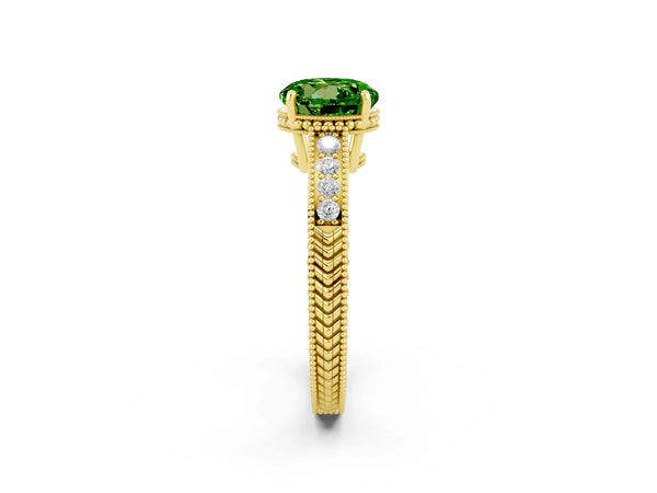 Yellow gold Round Cut Peridot Engagement Ring with Milgrain Channel Set Band and Prong Setting