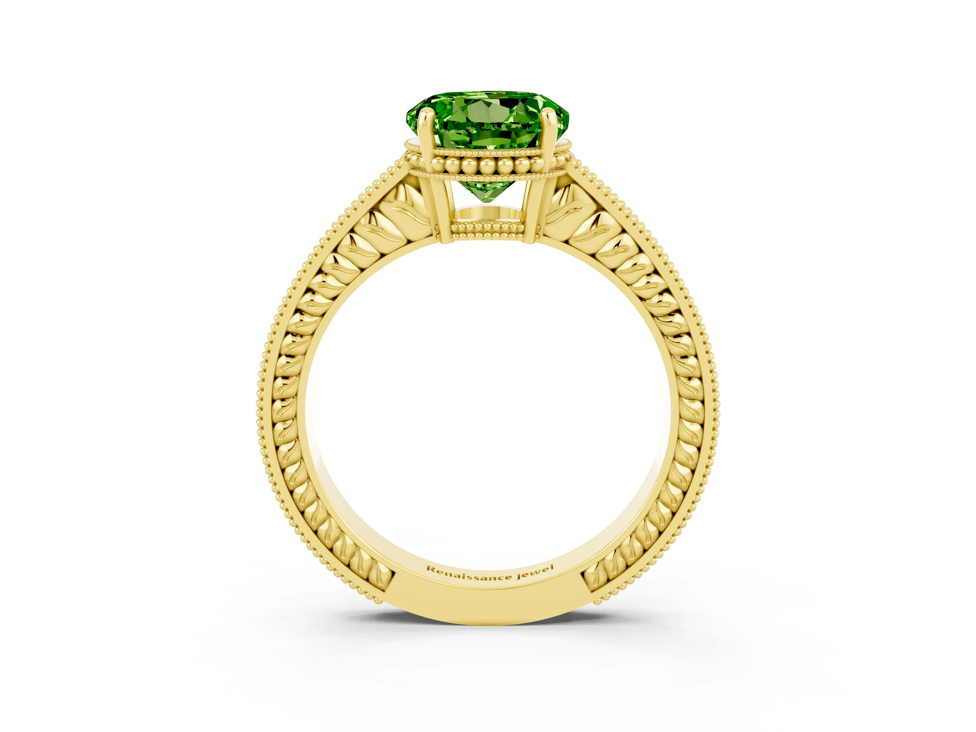 Yellow gold Round Cut Peridot Engagement Ring with Milgrain Channel Set Band and Prong Setting_3