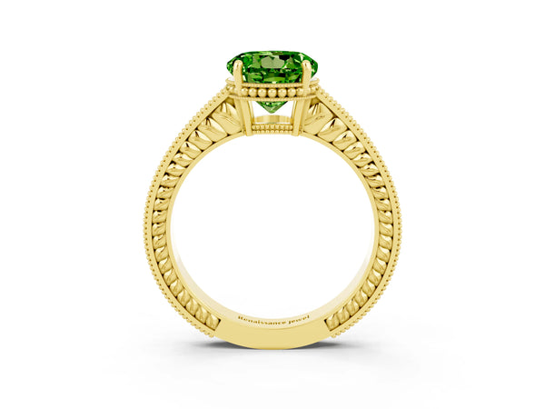 Yellow gold Round Cut Peridot Engagement Ring with Milgrain Channel Set Band and Prong Setting