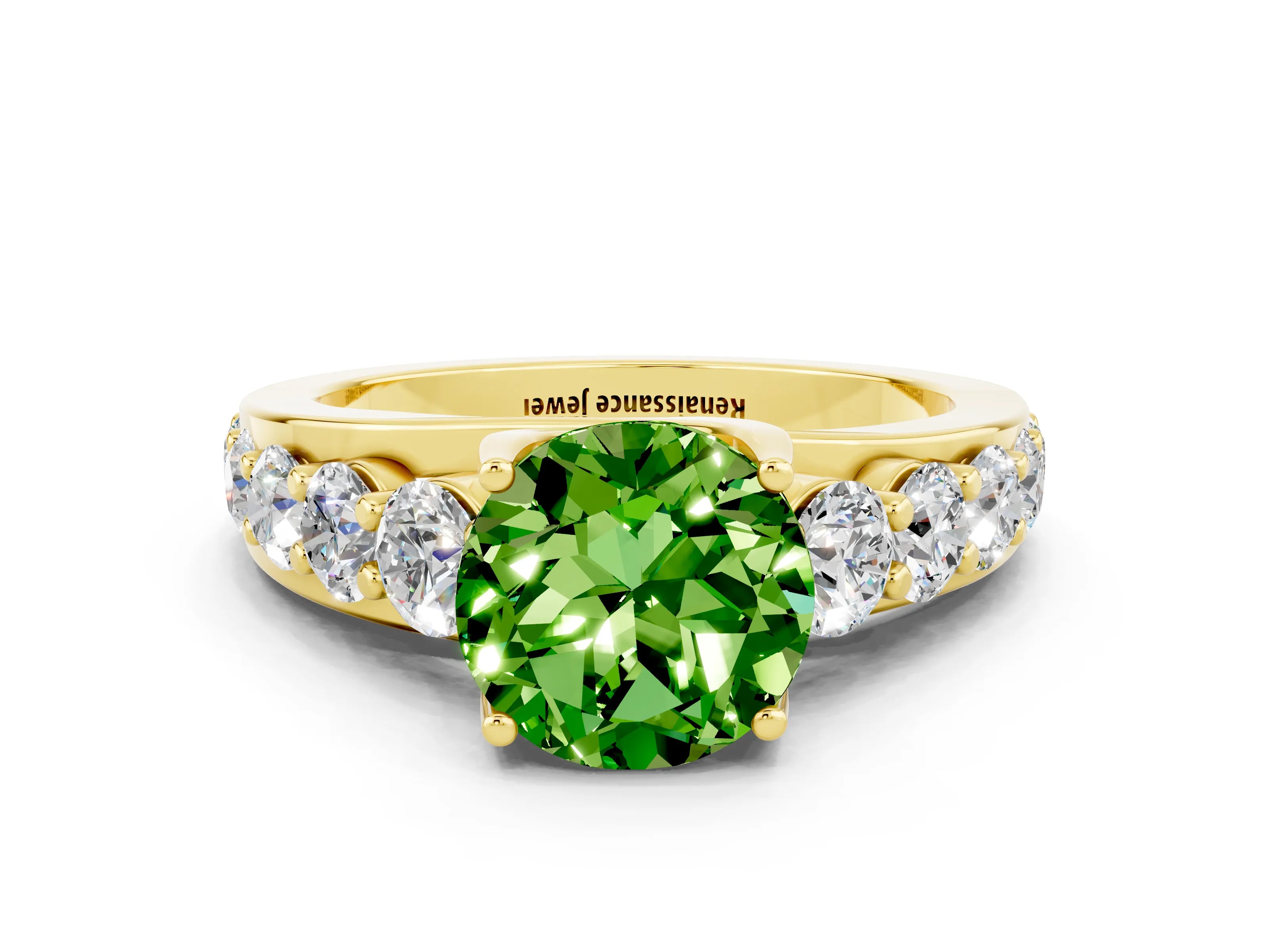 Yellow gold Round Cut Peridot Engagement Ring with Pavé Band and Four-Prong Setting