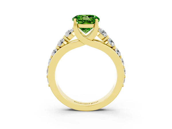 Yellow gold Round Cut Peridot Engagement Ring with Pavé Band and Four-Prong Setting