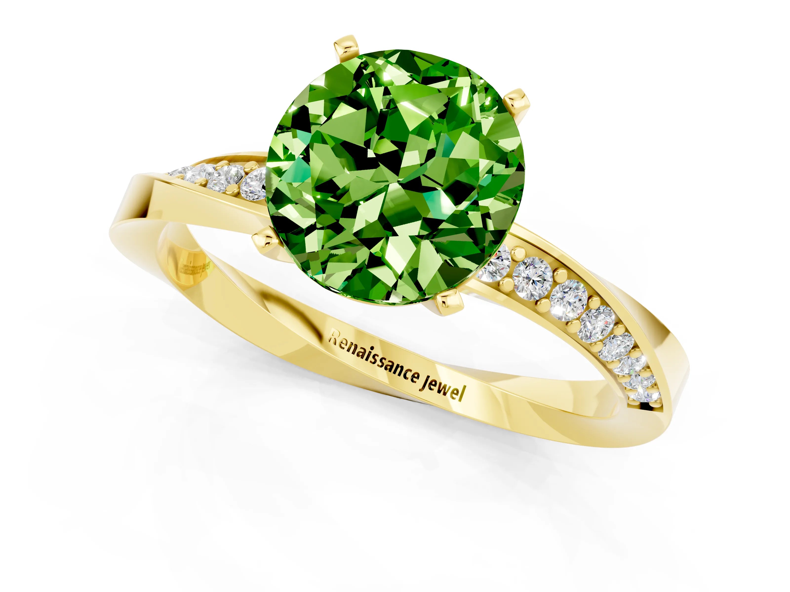Yellow gold Round Cut Peridot Engagement Ring with Side Stone Accents and Four-Prong Setting_28