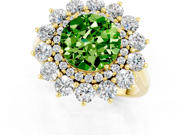 Yellow gold Round Cut Peridot Floral Double Halo Engagement Ring with Prong Setting