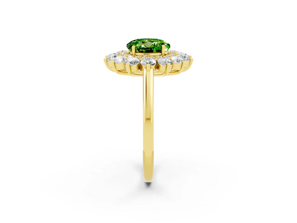 Yellow gold Round Cut Peridot Floral Double Halo Engagement Ring with Prong Setting