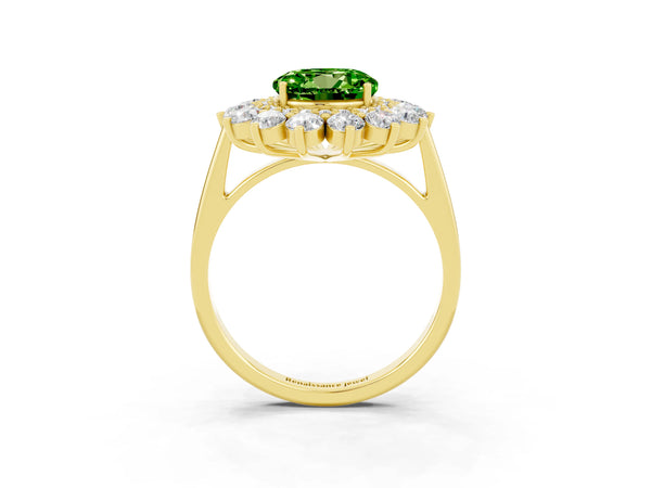 Yellow gold Round Cut Peridot Floral Double Halo Engagement Ring with Prong Setting