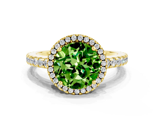 Yellow gold Round Cut Peridot Halo Engagement Ring with Pavé Band and Prong Setting