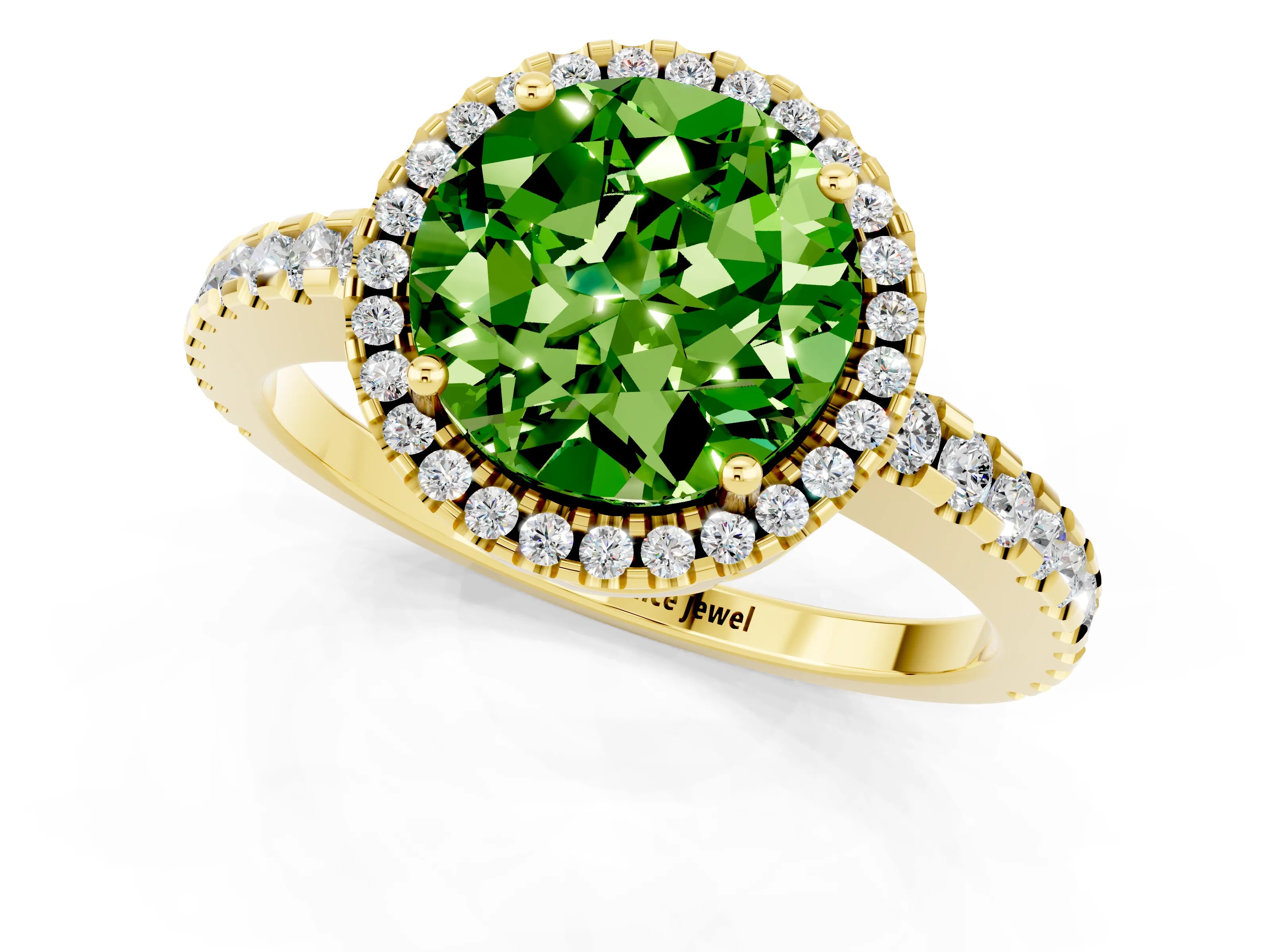 Yellow gold Round Cut Peridot Halo Engagement Ring with Pavé Band and Prong Setting_13