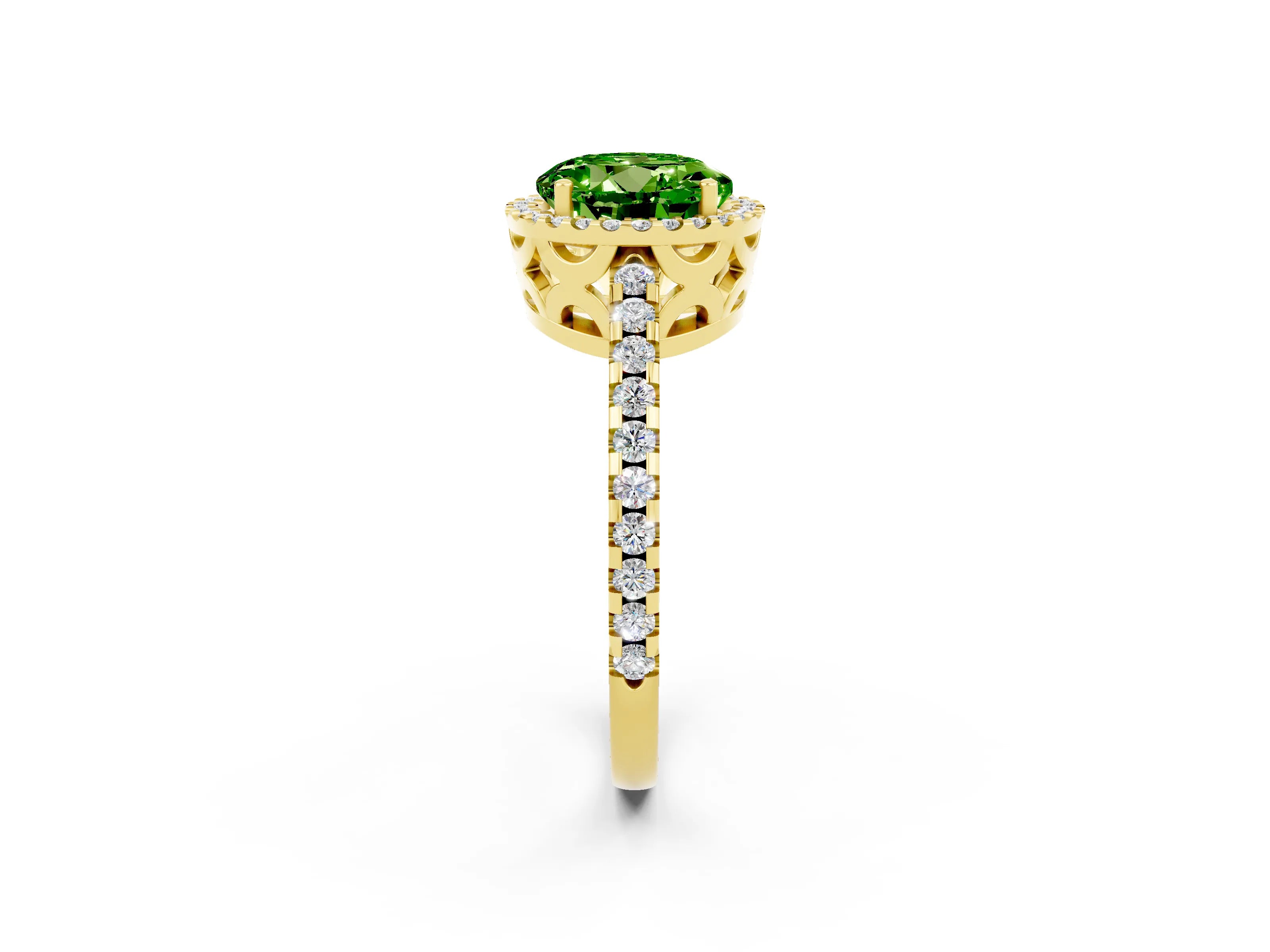 Yellow gold Round Cut Peridot Halo Engagement Ring with Pavé Band and Prong Setting_14