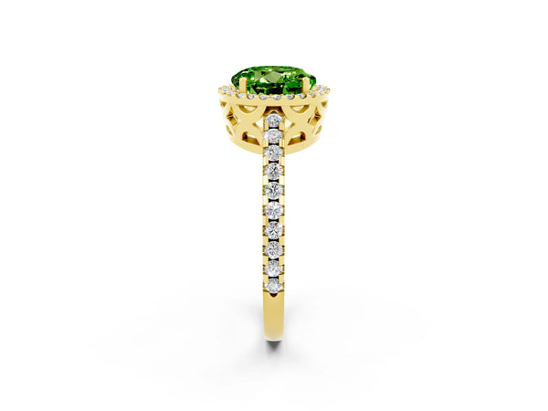 Yellow gold Round Cut Peridot Halo Engagement Ring with Pavé Band and Prong Setting