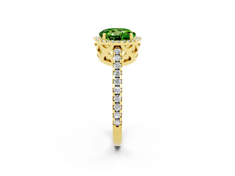 Yellow gold Round Cut Peridot Halo Engagement Ring with Pavé Band and Prong Setting_14