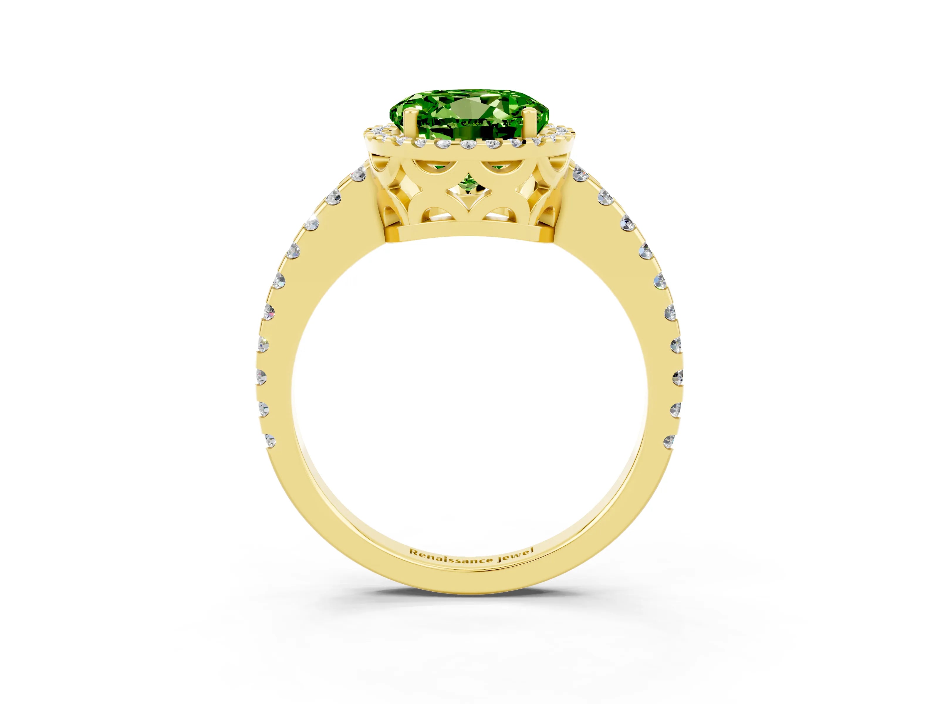 Yellow gold Round Cut Peridot Halo Engagement Ring with Pavé Band and Prong Setting_15