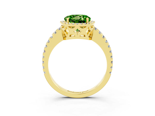 Yellow gold Round Cut Peridot Halo Engagement Ring with Pavé Band and Prong Setting