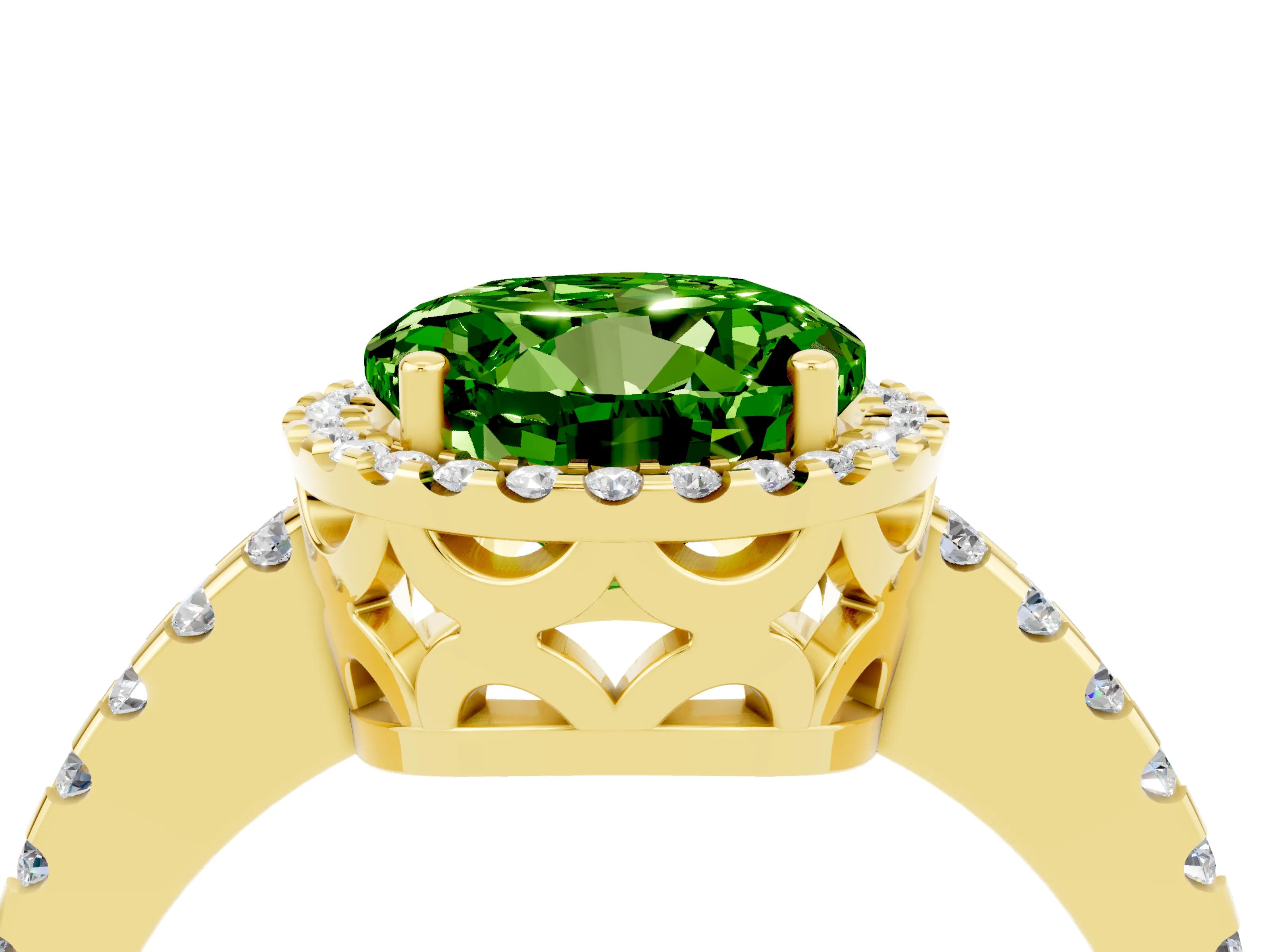 Yellow gold Round Cut Peridot Halo Engagement Ring with Pavé Band and Prong Setting_16