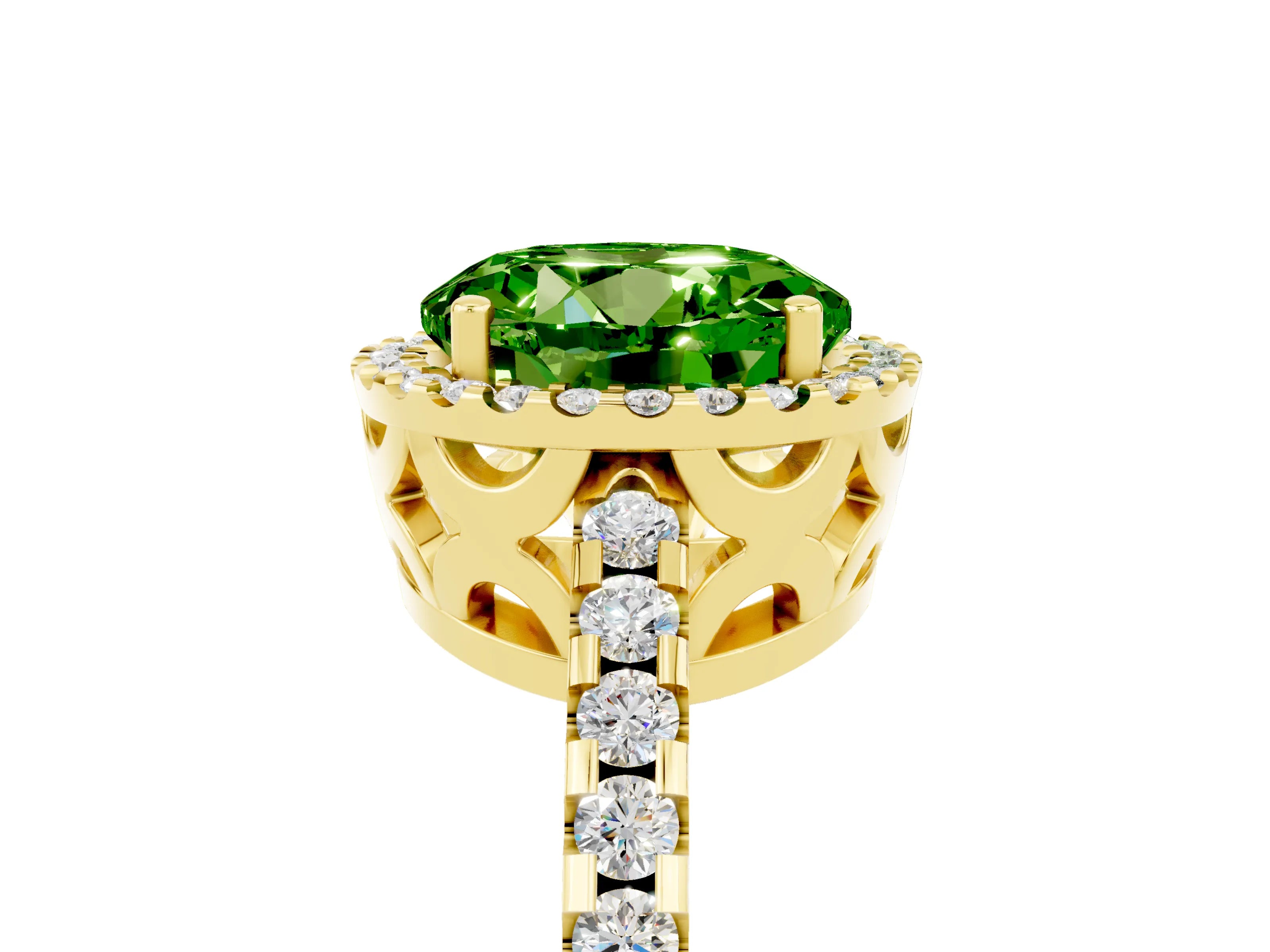 Yellow gold Round Cut Peridot Halo Engagement Ring with Pavé Band and Prong Setting_17