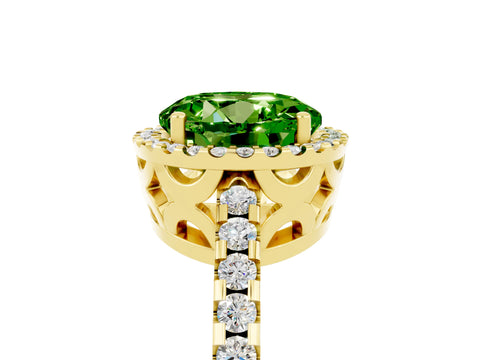 Yellow gold Round Cut Peridot Halo Engagement Ring with Pavé Band and Prong Setting_17