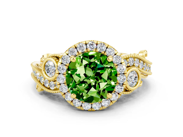 Yellow gold Round Cut Peridot Halo Ring with Milgrain Pavé Band and Four-Prong Setting