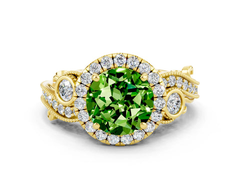 Yellow gold Round Cut Peridot Halo Ring with Milgrain Pavé Band and Four-Prong Setting_12