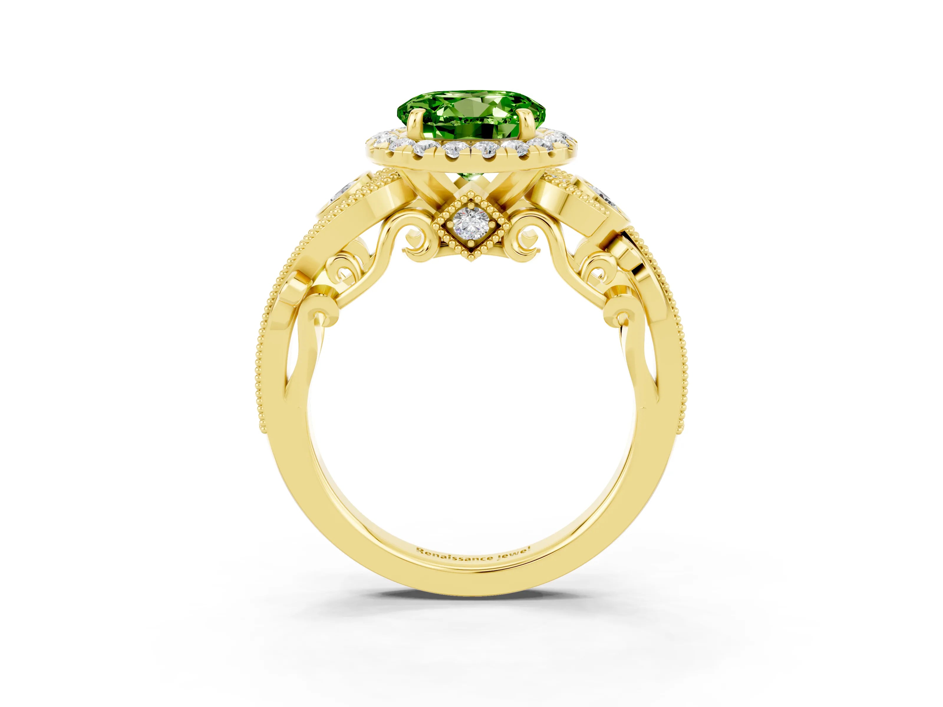 Yellow gold Round Cut Peridot Halo Ring with Milgrain Pavé Band and Four-Prong Setting_15
