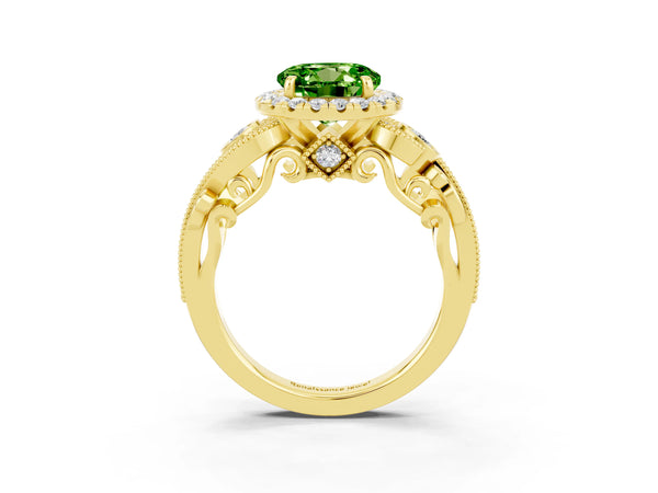 Yellow gold Round Cut Peridot Halo Ring with Milgrain Pavé Band and Four-Prong Setting