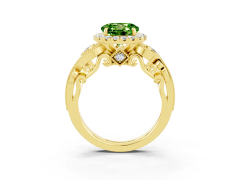 Yellow gold Round Cut Peridot Halo Ring with Milgrain Pavé Band and Four-Prong Setting_15