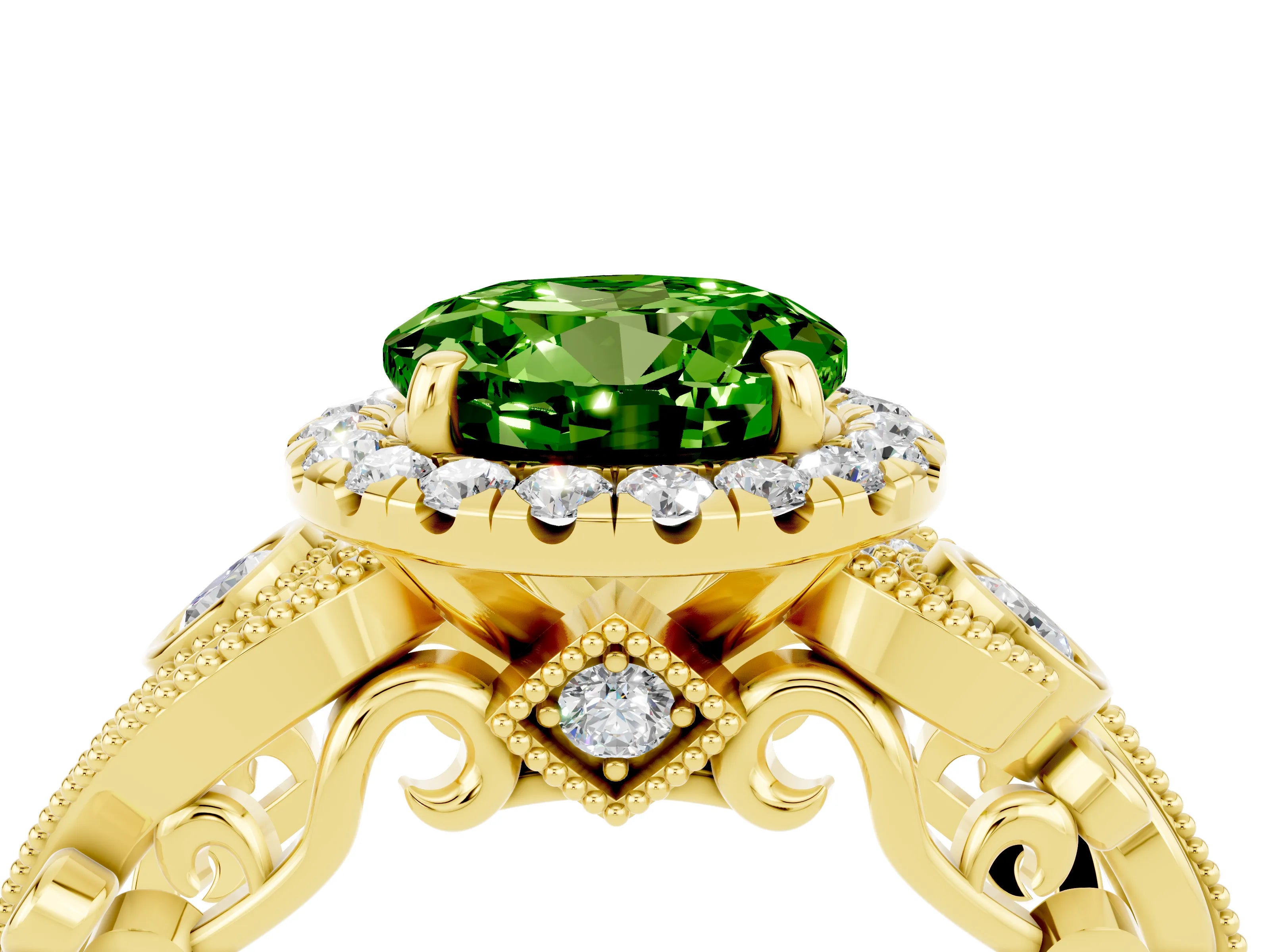 Yellow gold Round Cut Peridot Halo Ring with Milgrain Pavé Band and Four-Prong Setting_16