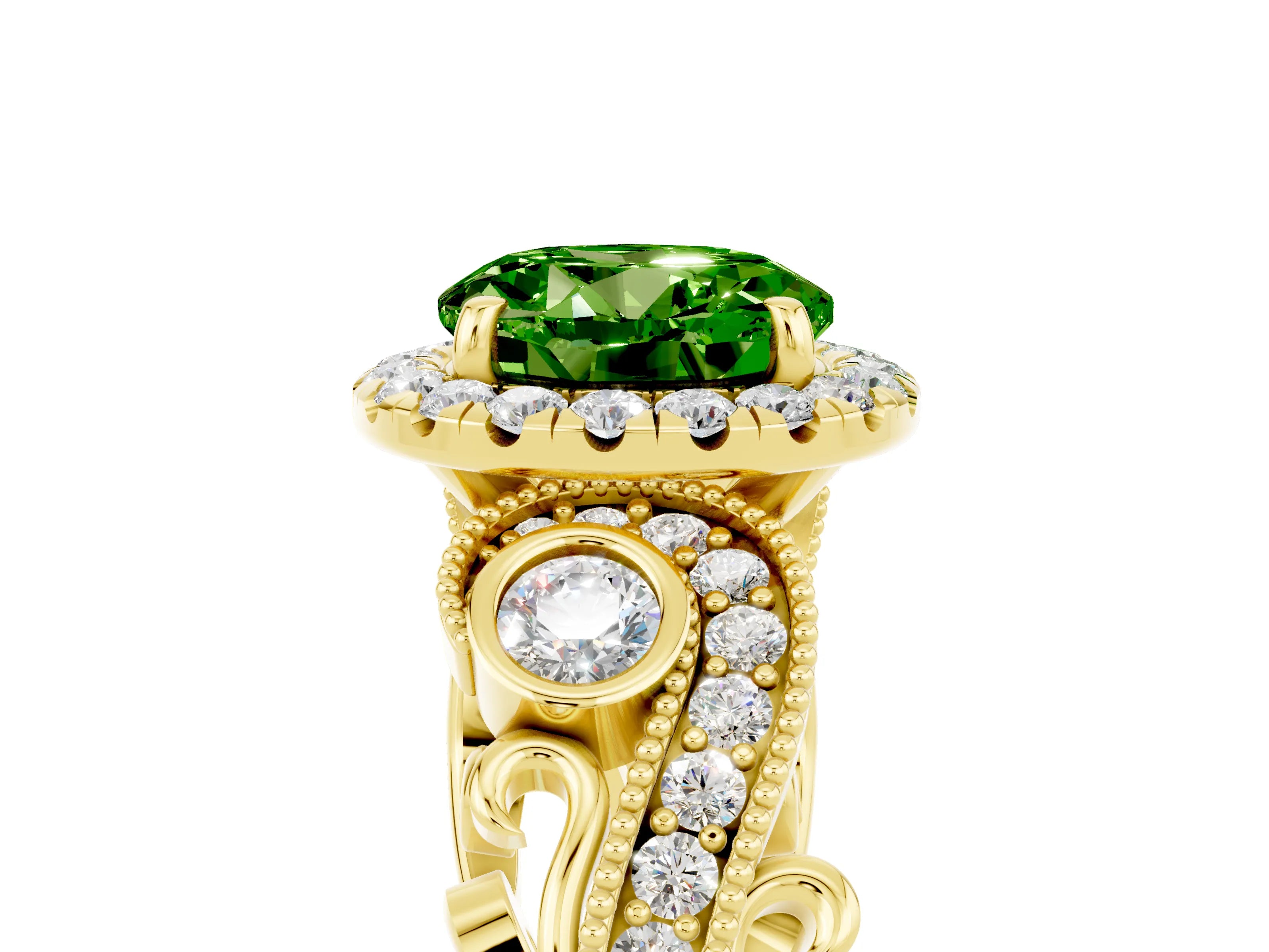 Yellow gold Round Cut Peridot Halo Ring with Milgrain Pavé Band and Four-Prong Setting_17