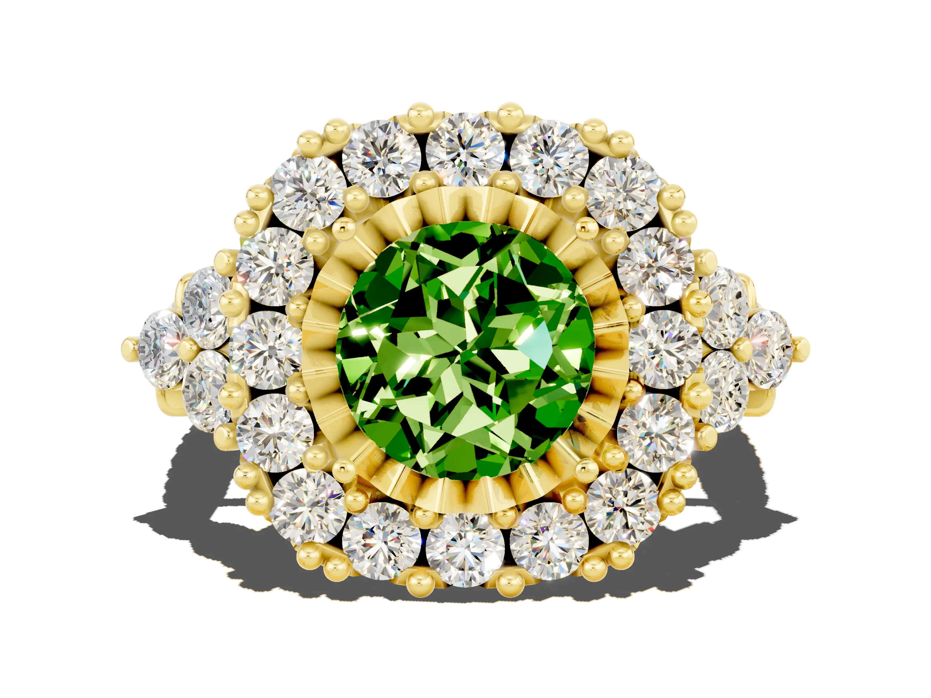 Yellow gold Round Cut Peridot Halo Ring with Pavé Band and Four-Prong Setting_12