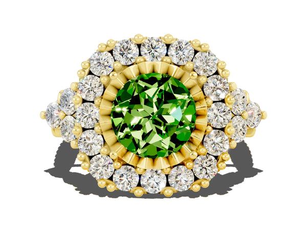 Yellow gold Round Cut Peridot Halo Ring with Pavé Band and Four-Prong Setting