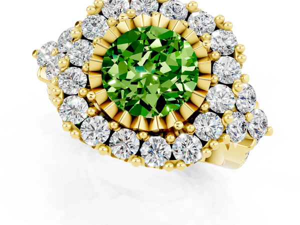 Yellow gold Round Cut Peridot Halo Ring with Pavé Band and Four-Prong Setting