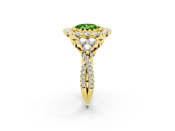 Yellow gold Round Cut Peridot Halo Ring with Pavé Band and Four-Prong Setting