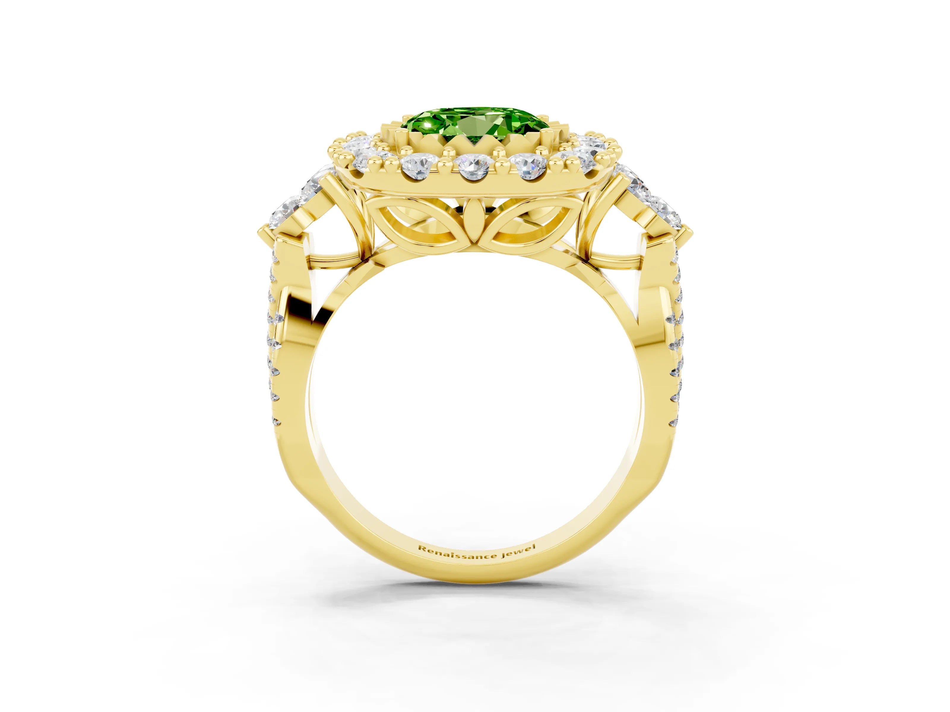Yellow gold Round Cut Peridot Halo Ring with Pavé Band and Four-Prong Setting_15