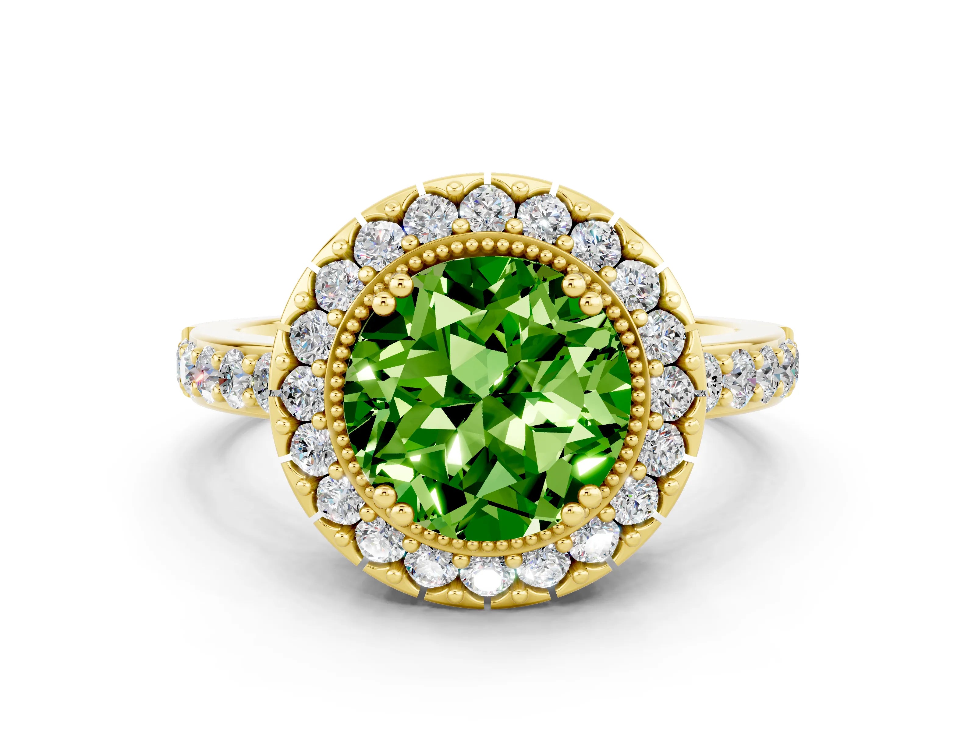 Yellow gold Round Cut Peridot Halo Ring with Pavé Band and Prong Setting