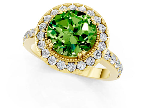 Yellow gold Round Cut Peridot Halo Ring with Pavé Band and Prong Setting_1